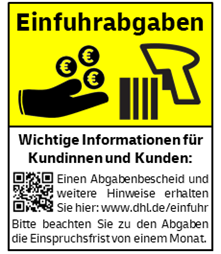 Beispielbild eines Aufklebers zur Kennzeichnung von Sendungen mit Einfuhrabgaben