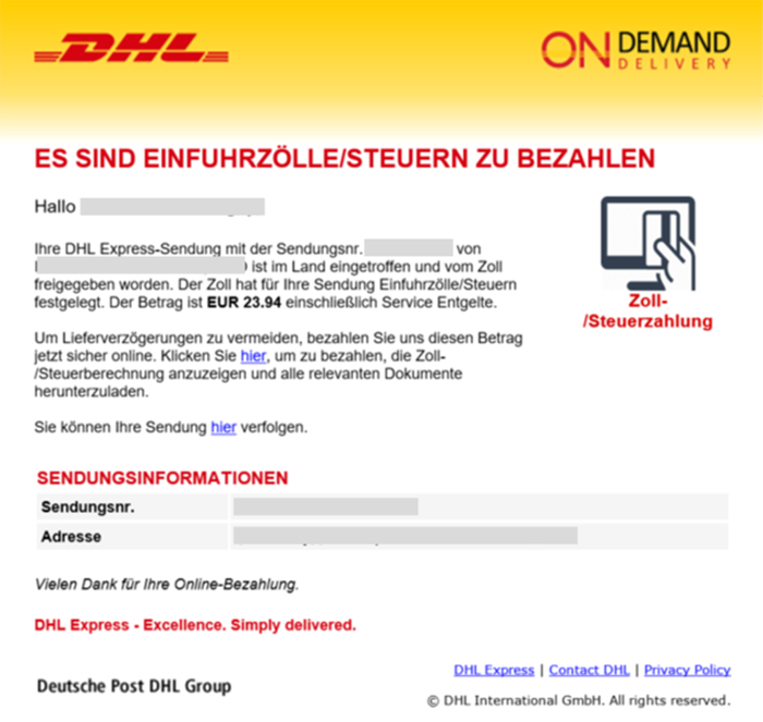 Voransicht E-Mail von DHL Express zur Zahlung von Einfuhrzöllen und Steuern.