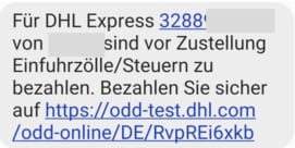 Voransicht SMS von DHL Express zur Zahlung von Einfuhrzöllen und Steuern mit Textlink.