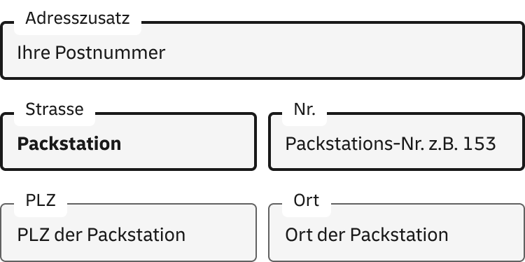 Die Abbildung zeigt Adress-Eingabefelder. Der nächste Absatz erklärt detailliert die korrekte Adresseneingabe für eine Packstation.