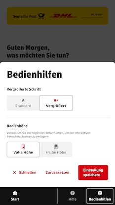 Bildschirm-Ansicht mit Abbildung der Poststation mit den Bedienhilfen Schriftvergrößerung und Bedienhöhe und der Funktion der Speicherung der Einstellungen