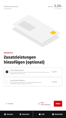 Bildschirm-Ansicht mit  Zusatzleistungen: Übersicht, welche Zusatzleistungen hinzugefügt werden können.